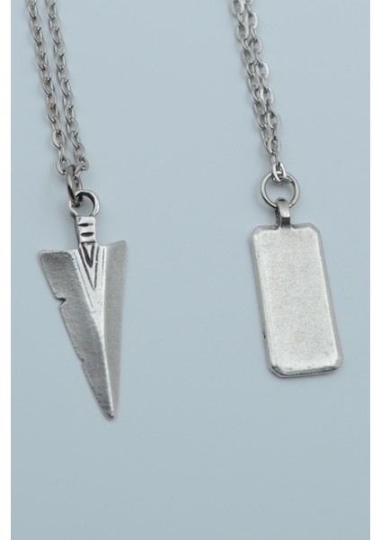 2'li Ok Ucu Triagle Dikdörtgen Bar Gümüş Kaplama Kolye Seti