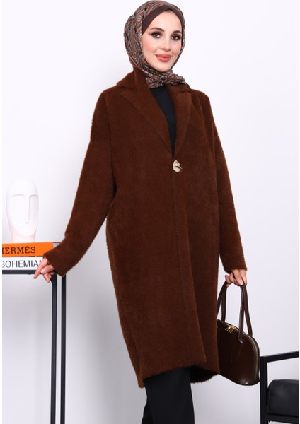 Kahverengi Tek Düğmeli Angora Yumoş Triko Hırka fiyatları