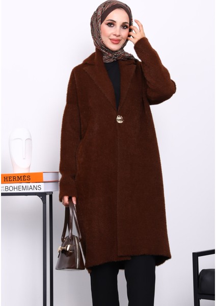 Kahverengi Tek Düğmeli Angora Yumoş Triko Hırka modelleri