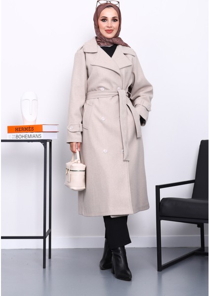 Taş Kruvaze Yaka Kuşaklı Kaşe Kaban