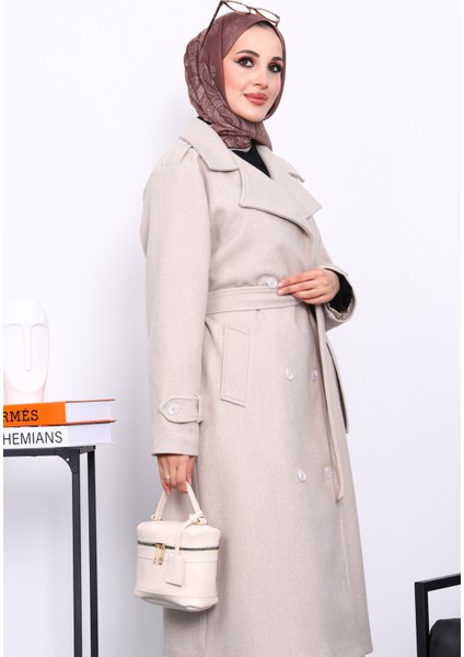 Taş Kruvaze Yaka Kuşaklı Kaşe Kaban modelleri