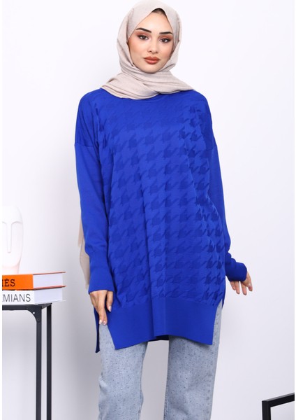 Saks Mavi Kazayağı Desenli Soğuk İplik Triko Tunik