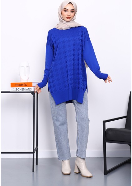 Saks Mavi Kazayağı Desenli Soğuk İplik Triko Tunik fiyatları