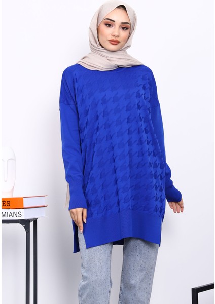 Saks Mavi Kazayağı Desenli Soğuk İplik Triko Tunik modelleri