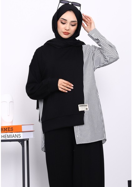 Siyah Garnili Tunik Pantolonlu Çizgili Takım modelleri