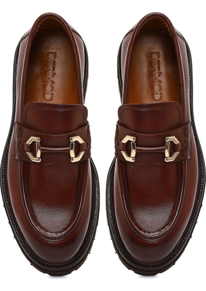 Erkek Kahverengi Tokalı Kalın Tabanlı Deri Loafer 25WFD740018