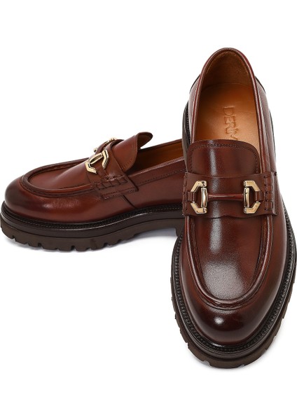 Erkek Kahverengi Tokalı Kalın Tabanlı Deri Loafer 25WFD740018
