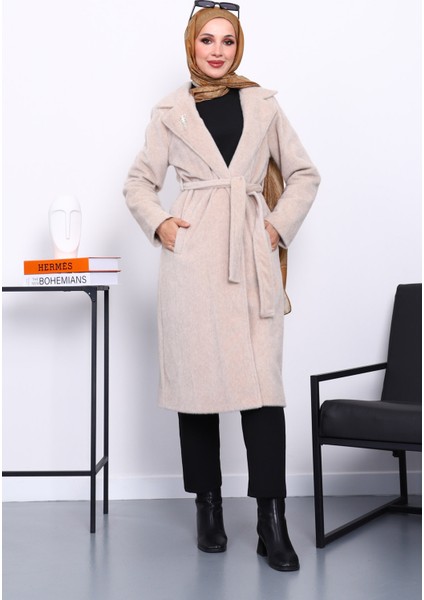 Bej Kruvaze Yaka Cepli Angora Kaşe Kaban