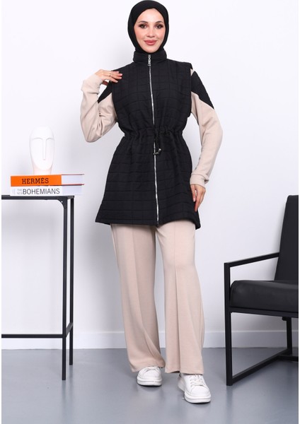 Siyah Kapitone Yelek Tunik Pantolonlu Üçlü Takım