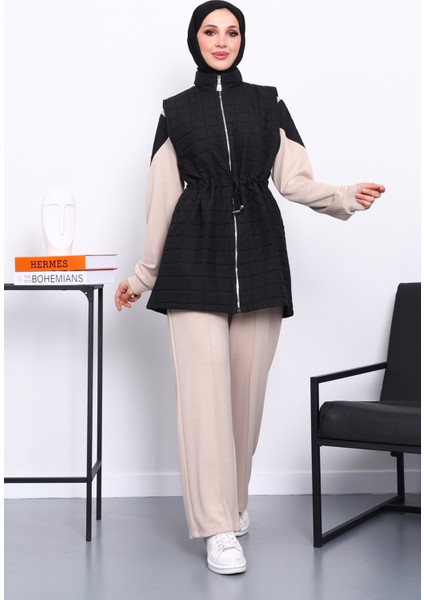 Siyah Kapitone Yelek Tunik Pantolonlu Üçlü Takım fiyatları