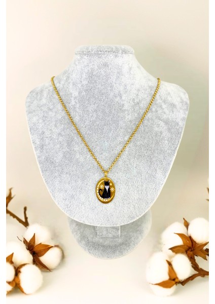Gold Renkli Kedi Motifli Zirkon Taşlı Çelik Kolye
