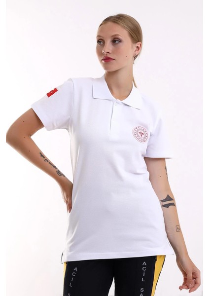 112 Acil Sağlık Yakalı Tshirt Kısa Kol Baskılı - Beyaz