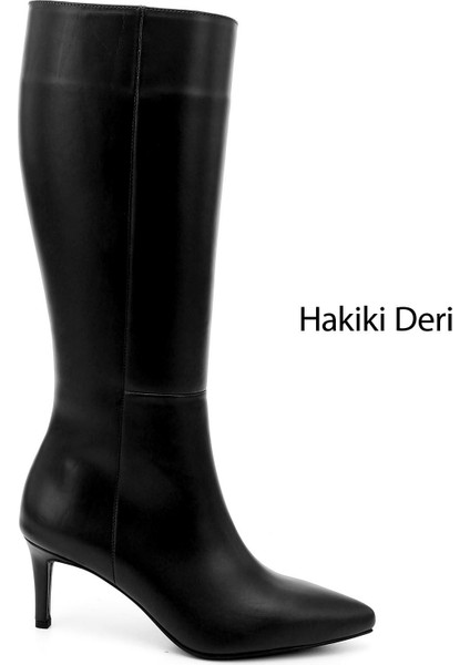 Kadın Siyah Platinum Fermuarlı İnce Topuklu Hakiki Deri Çizme