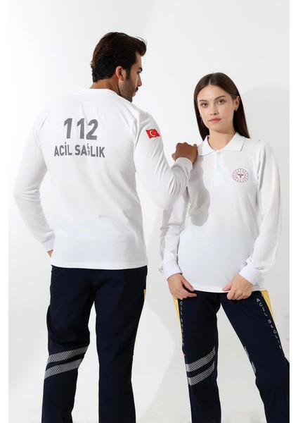 112 Acil Sağlık Yakalı Tshirt Uzun Kol Baskılı - Beyaz