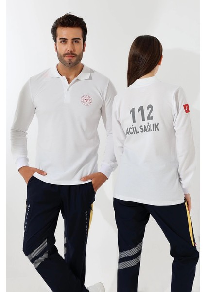 112 Acil Sağlık Yakalı Tshirt Uzun Kol Baskılı - Beyaz fiyatları