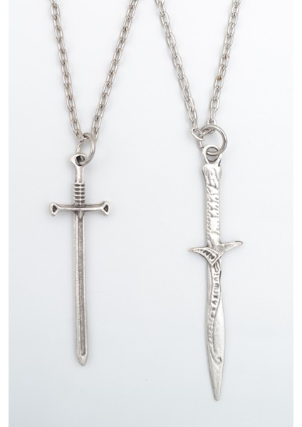 2'li Savaşçı Kılıç Gümüş Kaplama Kolye Seti
