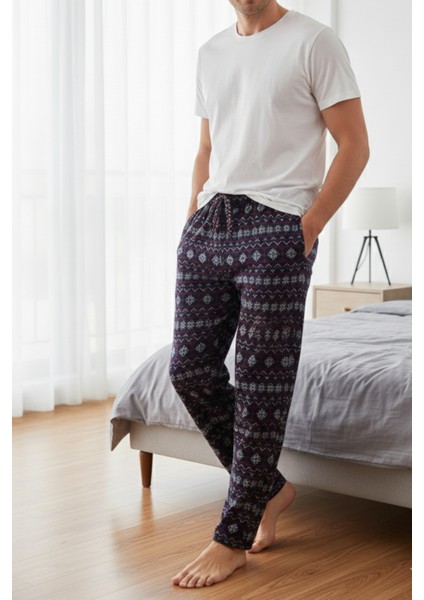 %100 Pamuk Desenli Erkek Pijama Altı Interlok Kumaş Rahat Kalıp Cepli Ipli Lacivert Yılbaşı Temalı