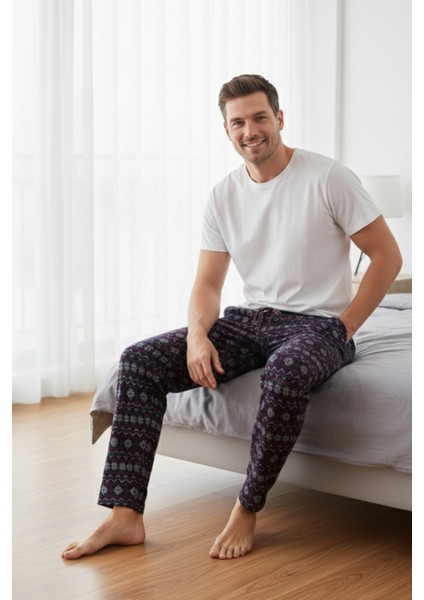 %100 Pamuk Desenli Erkek Pijama Altı Interlok Kumaş Rahat Kalıp Cepli Ipli Lacivert Yılbaşı Temalı fiyatları