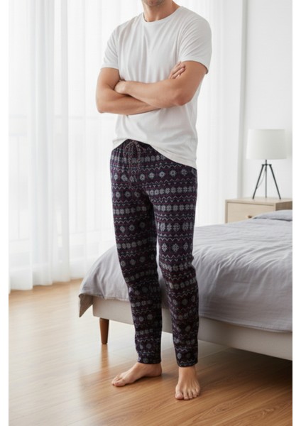 %100 Pamuk Desenli Erkek Pijama Altı Interlok Kumaş Rahat Kalıp Cepli Ipli Lacivert Yılbaşı Temalı modelleri