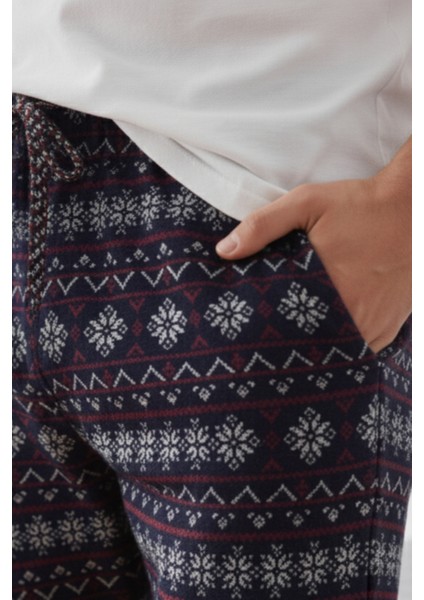 %100 Pamuk Desenli Erkek Pijama Altı Interlok Kumaş Rahat Kalıp Cepli Ipli Lacivert Yılbaşı Temalı fırsatları