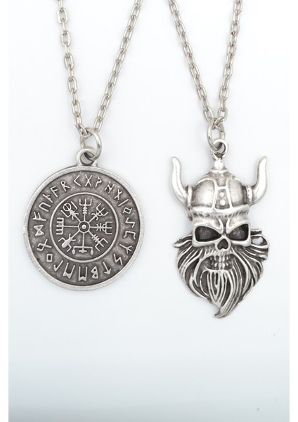 2'li Viking Sakallı Kuru Kafa - Viking Pusula Gümüş Kaplama Kolye Seti
