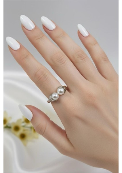 Incili Gümüş Renkli Ayarlanabilir Çelik Yüzük