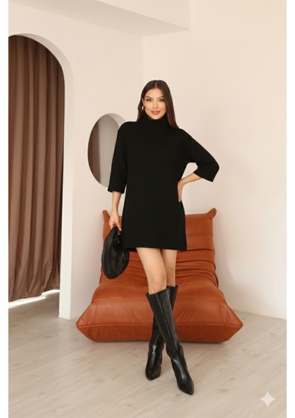 Kadın Siyah Selanik Kumaş Boğazlı Geniş Kesim Diz Üstü Elbise fiyatları