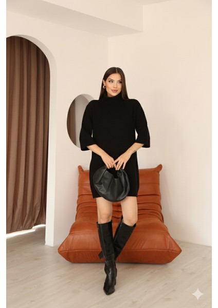 Kadın Siyah Selanik Kumaş Boğazlı Geniş Kesim Diz Üstü Elbise fırsatları