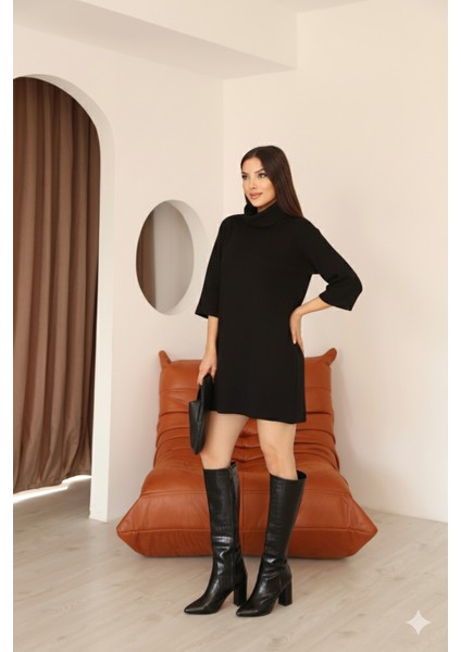 Kadın Siyah Selanik Kumaş Boğazlı Geniş Kesim Diz Üstü Elbise indirimleri