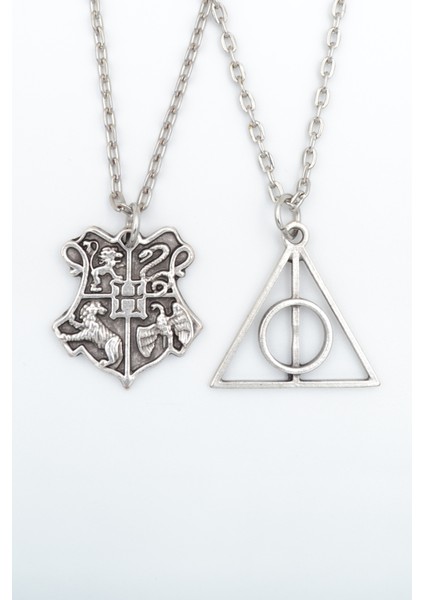 2'li Harry Potter Ölüm Yadigarları Üçgen - Hogwarts Gümüş Kaplama Kolye Seti