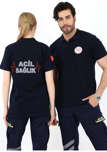 Acil Sağlık Yakalı Unisex Tshirt Kısa Kol Nakışlı - Lacivert