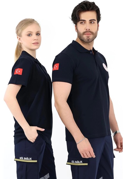 Acil Sağlık Yakalı Unisex Tshirt Kısa Kol Nakışlı - Lacivert fiyatları