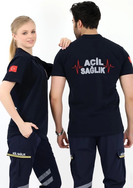 Acil Sağlık Yakalı Unisex Tshirt Kısa Kol Nakışlı - Lacivert modelleri