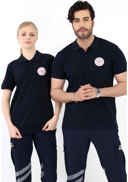 Acil Sağlık Yakalı Unisex Tshirt Kısa Kol Nakışlı - Lacivert fırsatları