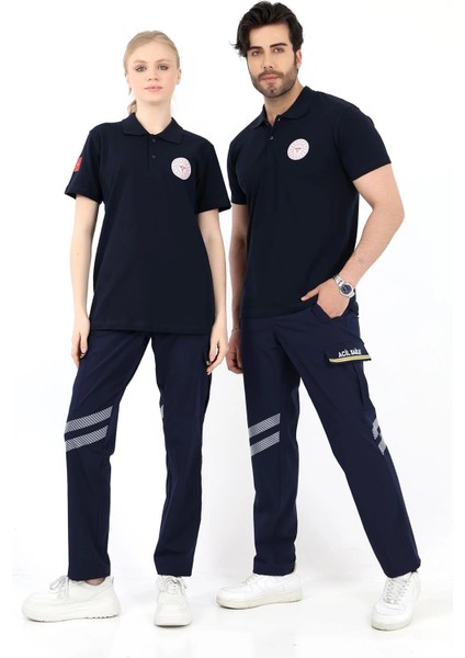 Acil Sağlık Yakalı Unisex Tshirt Kısa Kol Nakışlı - Lacivert indirimleri