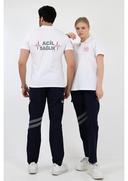 Acil Sağlık Yakalı Unisex Tshirt Kısa Kol Nakışlı - Beyaz