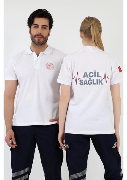 Acil Sağlık Yakalı Unisex Tshirt Kısa Kol Nakışlı - Beyaz modelleri