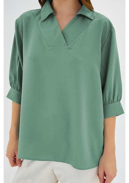 Kadın Bdart Polo Yaka Bol Kesim Üç Çeyrek Kol Bluz Çam Yeşili fırsatları