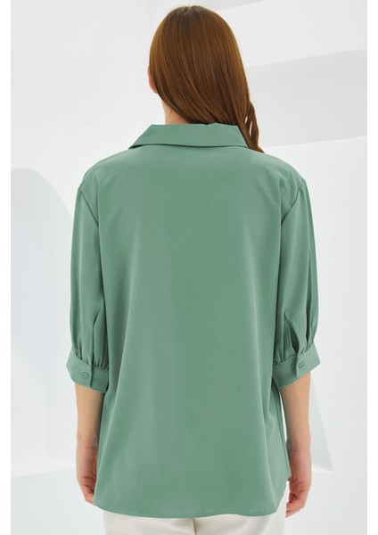 Kadın Bdart Polo Yaka Bol Kesim Üç Çeyrek Kol Bluz Çam Yeşili indirimleri