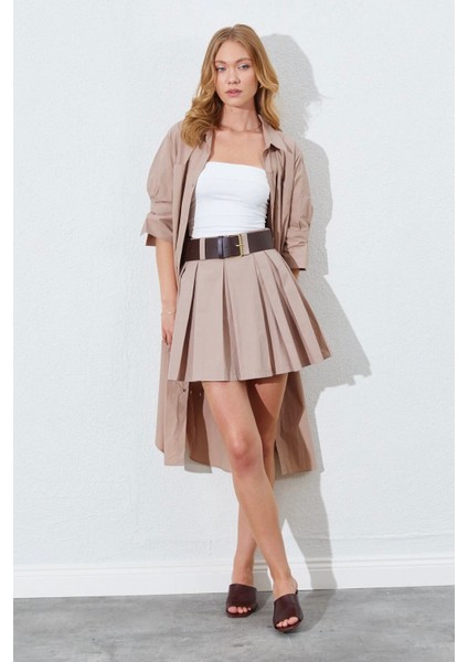 Vizon Pileli Yüksek Bel A Kesim Kemer Detaylı Şort Etek