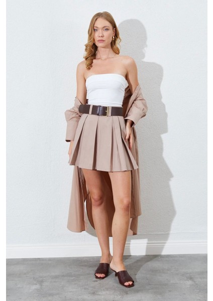 Vizon Pileli Yüksek Bel A Kesim Kemer Detaylı Şort Etek fiyatları