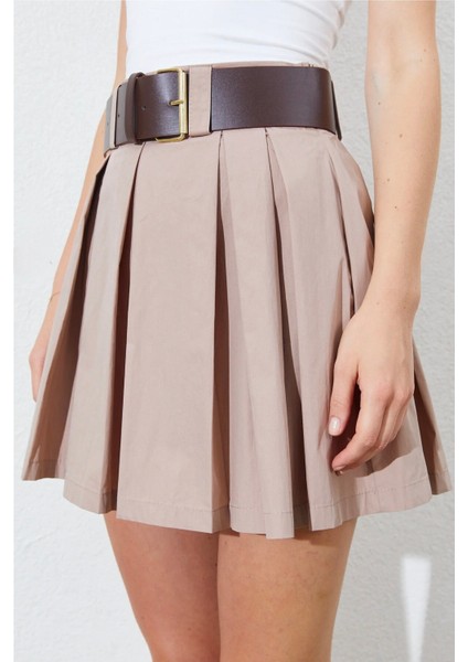 Vizon Pileli Yüksek Bel A Kesim Kemer Detaylı Şort Etek indirimleri