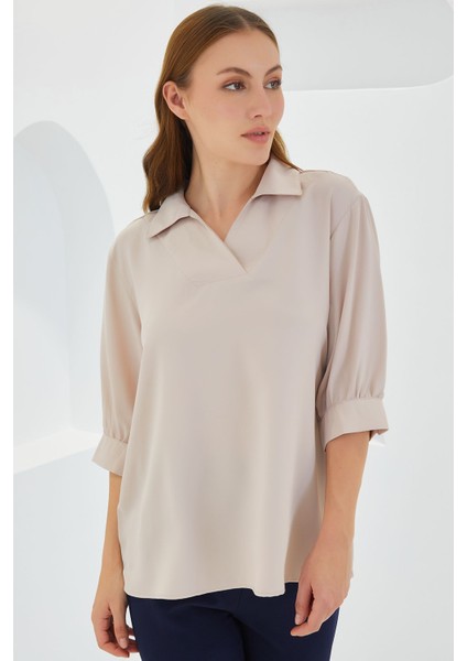 Kadın Bdart Polo Yaka Bol Kesim Üç Çeyrek Kol Bluz Krem Doğal fiyatları