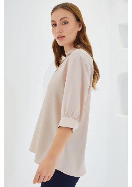 Kadın Bdart Polo Yaka Bol Kesim Üç Çeyrek Kol Bluz Krem Doğal modelleri