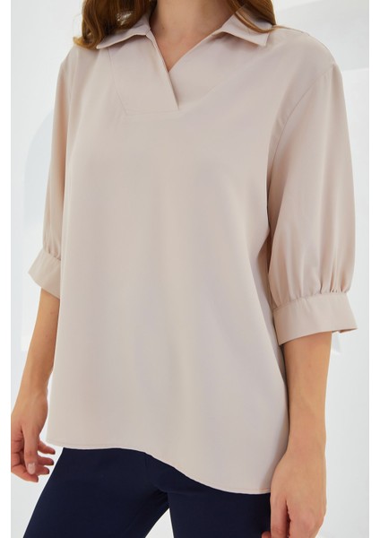 Kadın Bdart Polo Yaka Bol Kesim Üç Çeyrek Kol Bluz Krem Doğal fırsatları