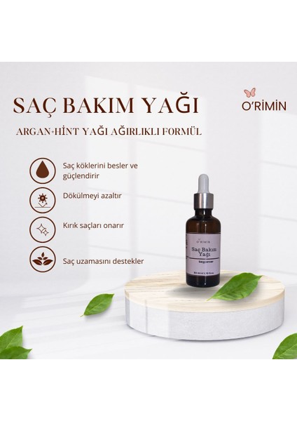 Saç Bakım Yağı (Argan +Hint Yağı Ağırlıklı Formül) – Doğal İçerikli, Besleyici & Onarıcı – Dökülme Karşıtı, Parlaklık ve Yoğun Nem 50 ml