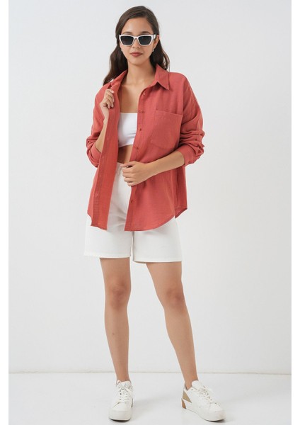 Kadın Bdart Cep Detaylı Oversize Düğmeli Keten Karışımlı Gömlek Soluk Turuncu fiyatları