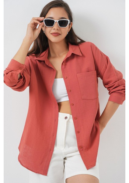 Kadın Bdart Cep Detaylı Oversize Düğmeli Keten Karışımlı Gömlek Soluk Turuncu indirimleri