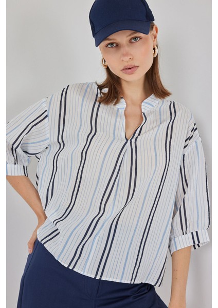 Kadın Bdart Çizgili V Yaka Bluz Peygamber Çiçeği Mavisi