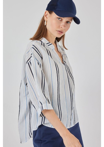 Kadın Bdart Çizgili V Yaka Bluz Peygamber Çiçeği Mavisi modelleri